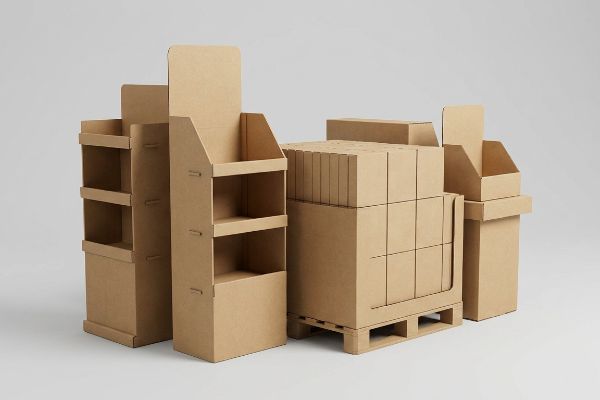 Various corrugated cardboard retail displays, featuring floor standees and a pallet merchandiser with stacked brown boxes.