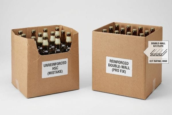 Buckled Unreinforced Hsc (Mistake) box for bottles, contrasted with sturdy Reinforced Double-Wall (Pro Fix) box featuring Double-Wall B/C Flute and High Ect Rating.