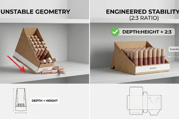 Brown cardboard Bisand lip gloss display tray, labeled 'Unstable Geometry', tipping forward on a white shelf with several cosmetic tubes spilled. A red arrow highlights the instability, while a diagram below shows 'Depth < Height', indicating a narrow tray pitch instability leading to forward weight shift.