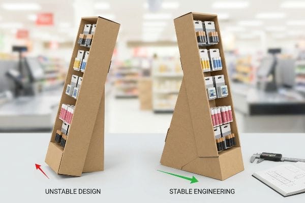 Los expositores de cartón kraft marrón para puntos de venta ilustran un diseño inestable (base estrecha) frente a una ingeniería estable (base ancha), y están surtidos con pilas y bálsamo labial.