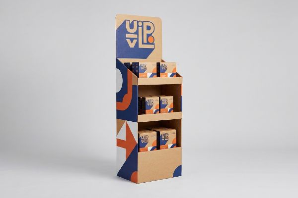 Bodenaufsteller aus Kraftpapier-Wellpappe mit drei Ebenen für Produktboxen und kontrastreichem geometrischem Branding in Blau, Orange und Weiß.