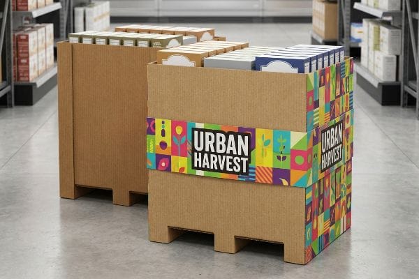 Retail aisle display with two corrugated dump bins, one branded 'Urban Harvest' with a colorful belly band featuring spot color printing and geometric patterns.
