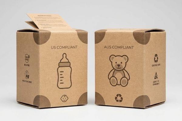 Brown cardboard baby product packaging, US Compliant with baby bottle, BPA Free, Non-Toxic Inks, and AUS Compliant with teddy bear, Certified Safe.
