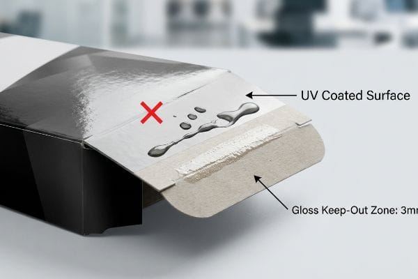 A box flap's shiny UV Coated Surface with water droplets and a red X, next to the raw Gloss Keep-Out Zone: 3mm.