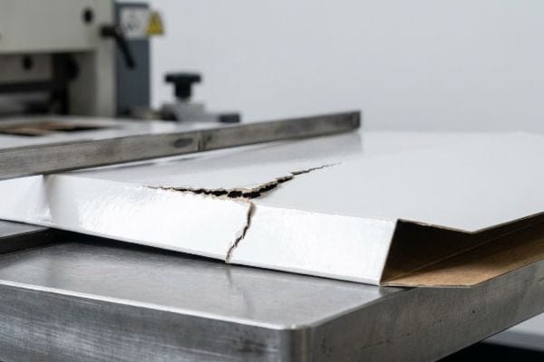 White UV-coated cardboard shows severe micro-fracturing along a structural fold line, exposing raw paper fibers due to brittle coating.