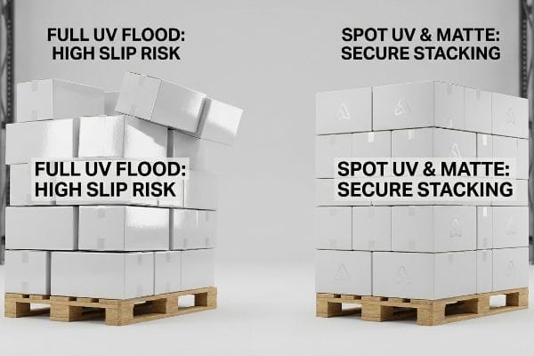 Pallets of white boxes compare Full UV Flood's High Slip Risk (collapsing) to Spot UV & Matte's Secure Stacking (stable).