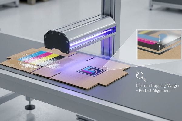 Brown cardboard packaging undergoing UV curing, showing CMYK color bars and a logo with a 0.5 mm Trapping Margin for perfect alignment.