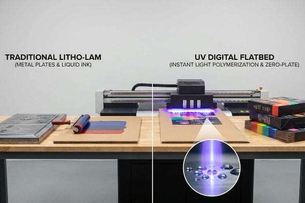 Traditional Litho-Lam printing with metal plates and liquid ink compared to UV Digital Flatbed with instant light polymerization.