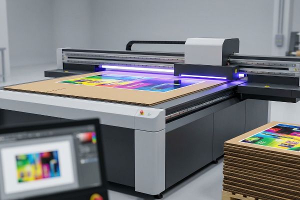 Corrugated cardboard printed with a colorful design on a UV flatbed digital printer, showcasing instant ink curing.