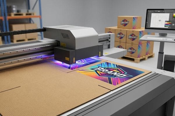Corrugated cardboard being printed with a colorful Brand logo by a UV flatbed printer using instant-cure polymer inks.