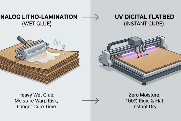 Folhas de papelão ondulado ilustram a litografia analógica (cola úmida) com risco de deformação por umidade versus a impressão digital UV em mesa plana (cura instantânea) para resultados 100% rígidos, planos e de secagem instantânea.