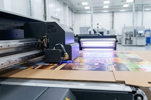 A large format digital printer applies vibrant designs onto corrugated cardboard using UV inkjet heads in a modern factory setting.