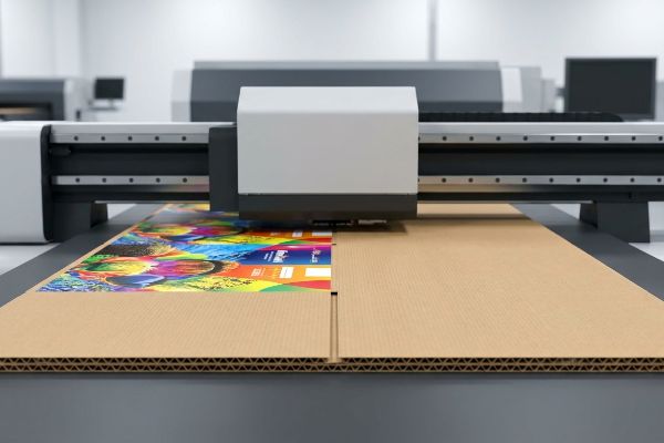 A large format digital printer applies vibrant UV-cured graphics onto corrugated cardboard sheets, showcasing direct substrate printing.