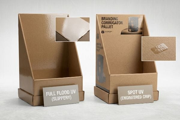 Brown corrugated cardboard displays showcase Full Flood UV (Slippery) and Spot UV (Engineered Grip) finishes for Branding Corrugator Pallet.