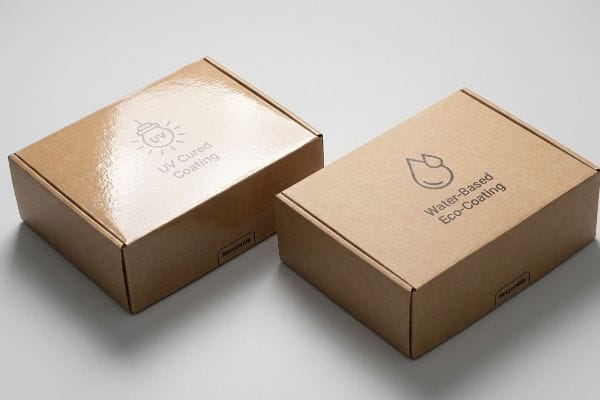 Glossy UV Cured Coating and matte Water-Based Eco-Coating on recyclable brown cardboard boxes, showcasing different finishes.