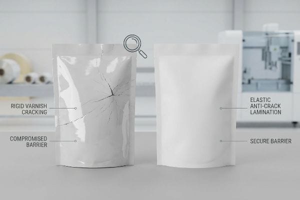 Flexible pouches comparison: Rigid Varnish Cracking and Compromised Barrier versus Elastic Anti-Crack Lamination and Secure Barrier.