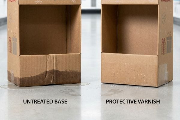 Corrugated holiday display bases, an Untreated Base wicking water, compared to a Protective Varnish base repelling moisture.