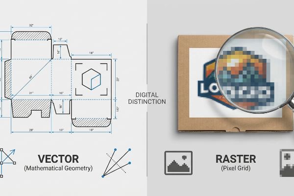 Vector (Mathematical Geometry) box blueprint with dimensions contrasts with a magnified, pixelated Raster (Pixel Grid) logo.