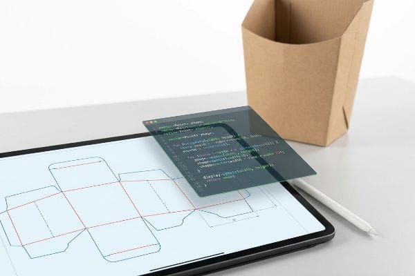 A tablet displays a packaging die-line with a floating code window showing C++ vector functions for automated box design.