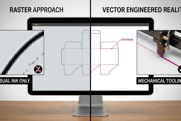 A monitor contrasts Raster Approach's pixelated Visual Ink Only with Vector Engineered Reality's smooth Cut/Crease lines for Mechanical Tooling.