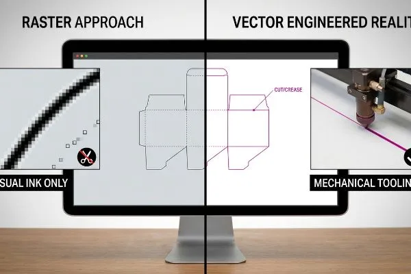 显示器对比了 Raster Approach 的像素化 Visual Ink Only 与 Vector Engineered Reality 的平滑切割/折痕线，后者适用于机械工具。.