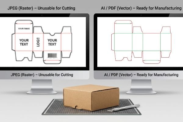 Brown corrugated box on a cutting mat, flanked by two monitors showcasing a pixelated Jpeg raster dieline and a clean vector Pdf dieline ready for manufacturing.