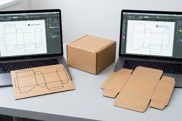 Kraft cardboard box and vector dielines on laptops, showcasing packaging design with spot color cut and crease lines in Adobe Illustrator.