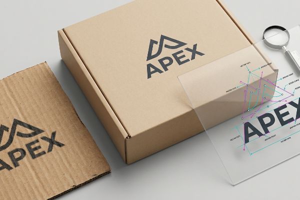 Showcasing an Apex logo on a Kraft cardboard box, with a clear overlay detailing vector graphic paths and geometric points.