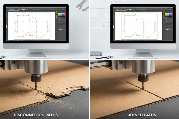Corrugated cardboard cut by a CNC machine, contrasting jagged edges from Disconnected Paths with smooth cuts from Joined Paths, alongside vector dielines on monitors.