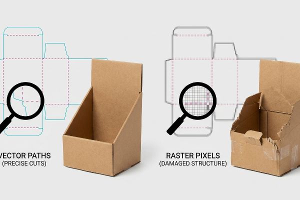 A dieline comparison illustrates Vector Paths (Precise Cuts) for a clean cardboard display versus Raster Pixels (Damaged Structure) for a torn box.