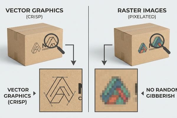 Comparing Vector Graphics (Crisp) and Raster Images (Pixelated) on a cardboard box logo, highlighting crisp mathematical paths versus pixelated colored squares.