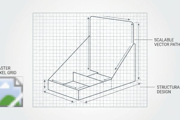 Grid blueprint of retail display shows 'Scalable Vector Path', 'Structural Design', and 'Raster Pixel Grid' icon.