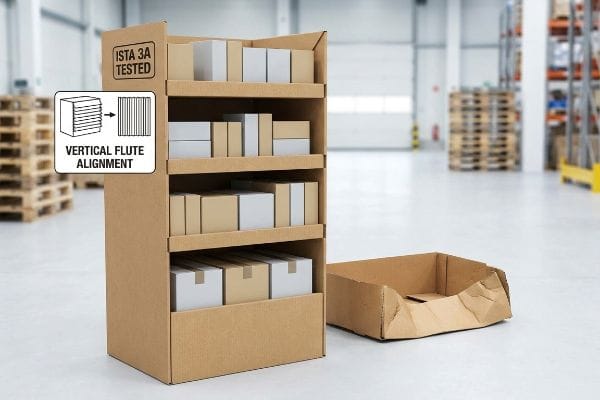 段ボール製の小売用ディスプレイ(Ista 3aテスト済み)、垂直フルートアライメント図付き、箱を収納、潰れたベースユニットの横。.