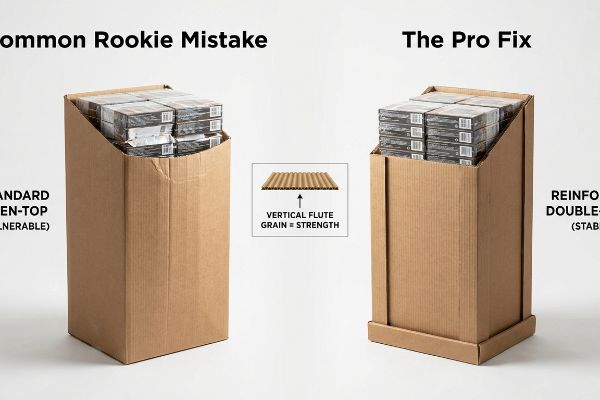 Common Rookie Mistake: Vulnerable Standard Open-Top retail display. The Pro Fix: Stable Reinforced Double-Wall display. Inset shows Vertical Flute Grain = Strength.