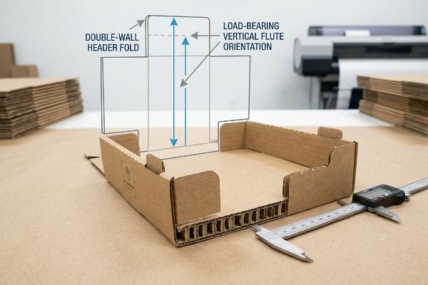 Corrugated cardboard display box demonstrating a Double-Wall Header Fold and Load-Bearing Vertical Flute Orientation, measured with a digital caliper.