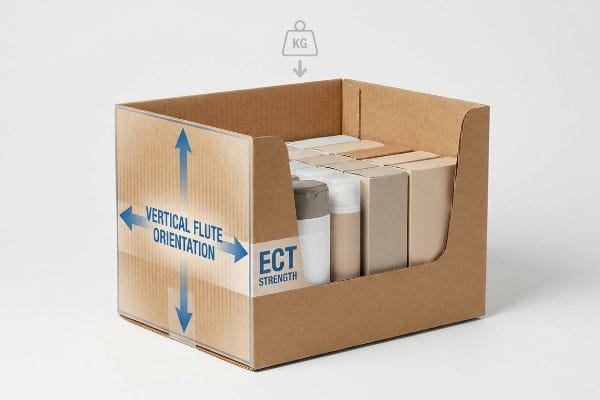 Brown corrugated retail display box with products, illustrating Vertical Flute Orientation and ECT Strength for top-load capacity (KG).
