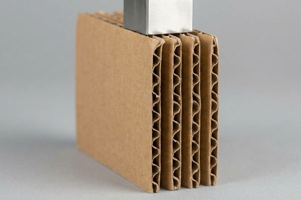 Camadas de papelão ondulado marrom com ondulações verticais visíveis sustentam um bloco prateado, demonstrando integridade estrutural.