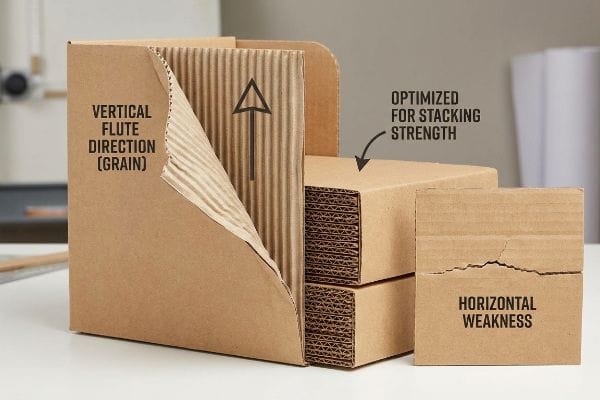 Kraft corrugated cardboard illustrates Vertical Flute Direction (Grain) for Optimized Stacking Strength and a cracked piece showing Horizontal Weakness.