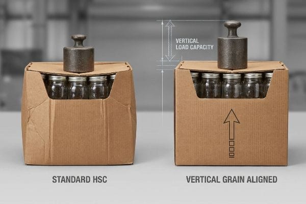 Standard Hsc vs. Vertical Grain Aligned corrugated boxes, demonstrating Vertical Load Capacity for glass jars.