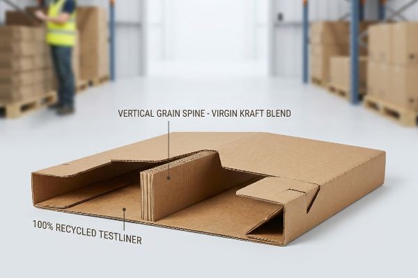 Caja de cartón corrugado abierta que deja ver su estructura interna con un lomo de grano vertical - Mezcla de cartón Kraft virgen y Testliner 100% reciclado.