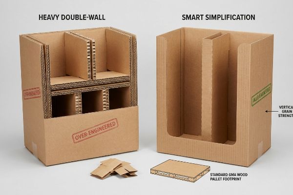 Over-Engineered Heavy Double-Wall corrugated display next to a Smart Simplification Value Engineered unit showing Vertical Grain Strength and GMA Pallet Footprint.