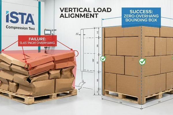 Pallet load comparison: Failed 0.45 Inch Overhang crushing versus Successful Zero-Overhang Bounding Box in ISTA Compression Test.