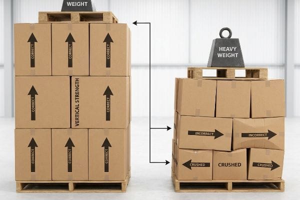 Cardboard boxes on pallets illustrate proper vertical grain strength versus incorrect horizontal orientation, showing 'Crushed' boxes under 'Heavy Weight'.