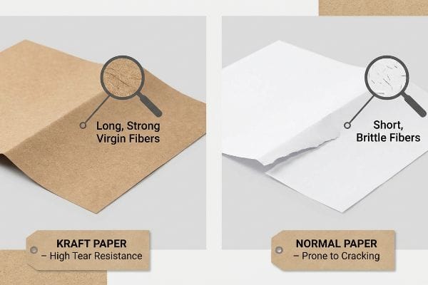 Kraft Paper features long, strong virgin fibers for high tear resistance; Normal Paper shows short, brittle fibers prone to cracking.