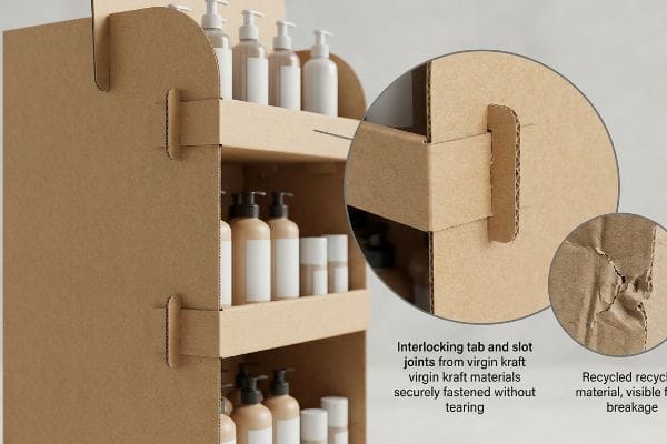 Des joints à languette et fente emboîtables en kraft vierge, solidement fixés sur un présentoir en carton ondulé, contrastent avec un matériau recyclé présentant des cassures visibles.