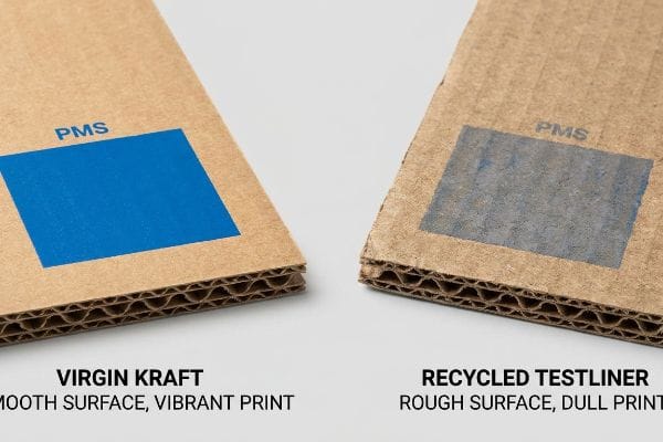 Vibrant Pms blue print on smooth Virgin Kraft corrugated contrasts with dull Pms blue on rough Recycled Testliner.