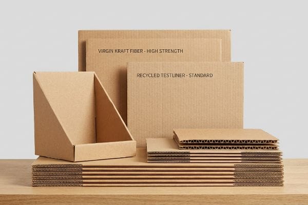 Brown corrugated sheets featuring Virgin Kraft Fiber - High Strength and Recycled Testliner - Standard, alongside a display box and stacked fluted boards.