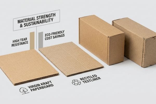 Comparación entre cartón Kraft virgen y cartón ondulado Testliner reciclado, que demuestra una alta resistencia al desgarro y un ahorro de costes respetuoso con el medio ambiente.