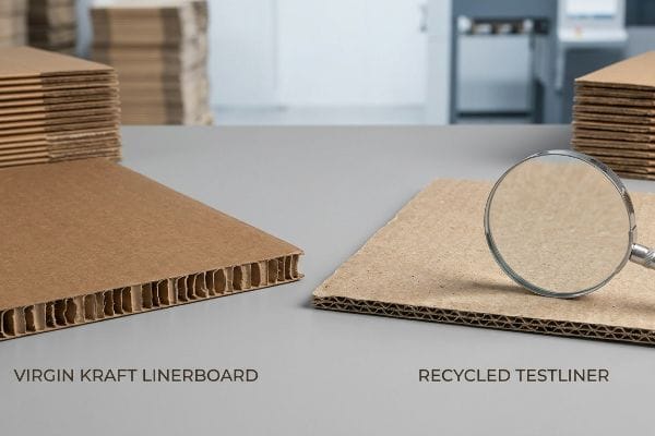 ألواح كرتون مموجة من نوع Virgin Kraft Linerboard و Recycled Testliner جنبًا إلى جنب، مع عدسة مكبرة تسلط الضوء على نسيج الألياف المعاد تدويرها.