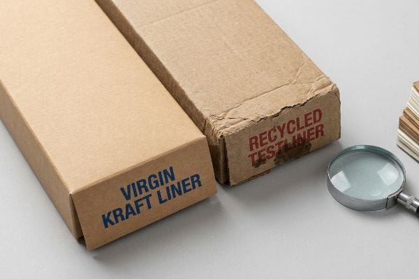 A smooth, light brown box labeled 'Virgin Kraft Liner' is next to a textured, darker box marked 'Recycled Testliner', with a magnifying glass.